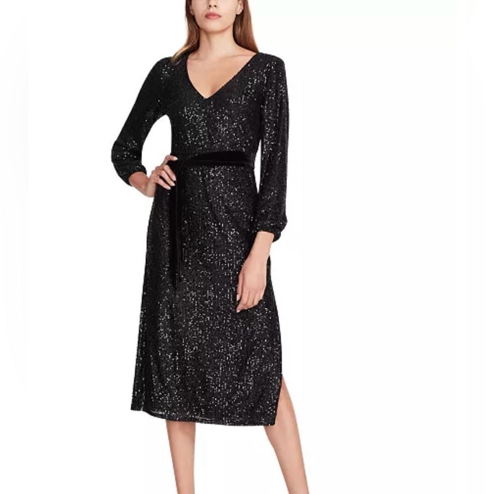 Betsey Johnson V-Neck Sequinned Midi Dress With Velvet Belt Size S